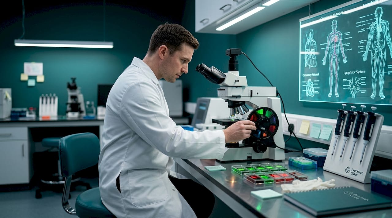 Lab technician adjusts fluorescence microscope filter in hospital setting