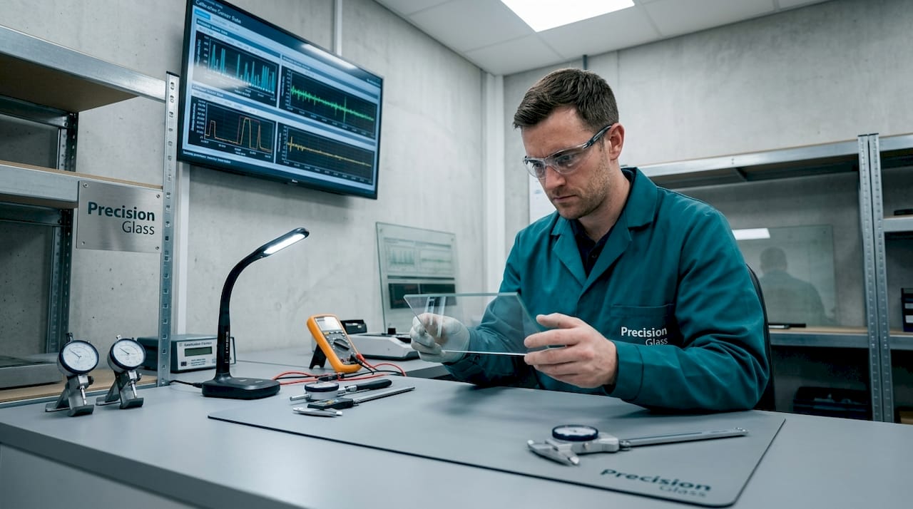 Engineer testing sensor glass at lab bench