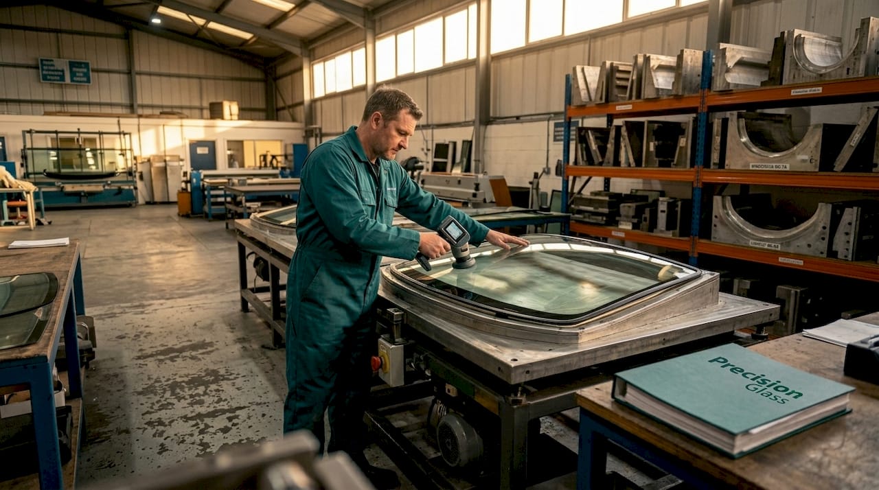 Technician checking shaped automotive glass on factory floor