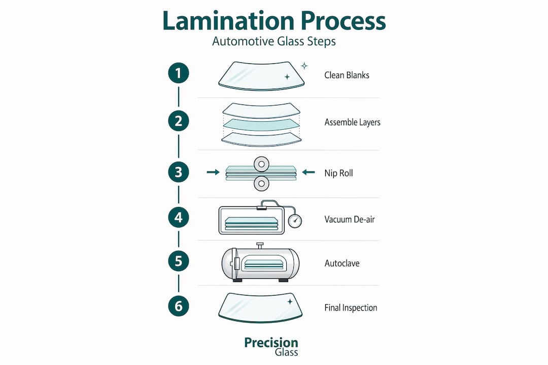 Infographic showing steps of automotive glass lamination process