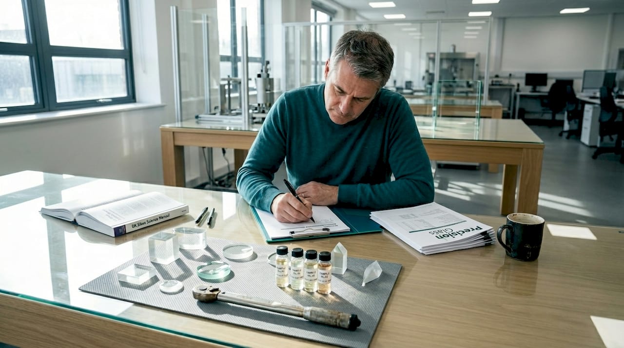 Engineer writing process envelope with glass samples