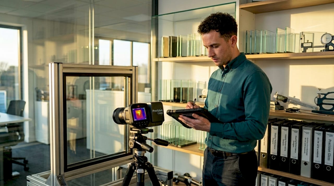 Engineer tests glazed glass with infrared camera