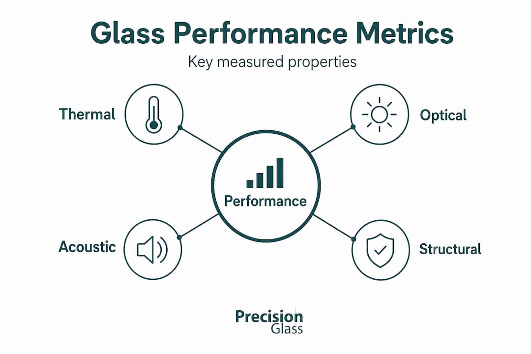 Infographic showing four core high-performance glass metrics