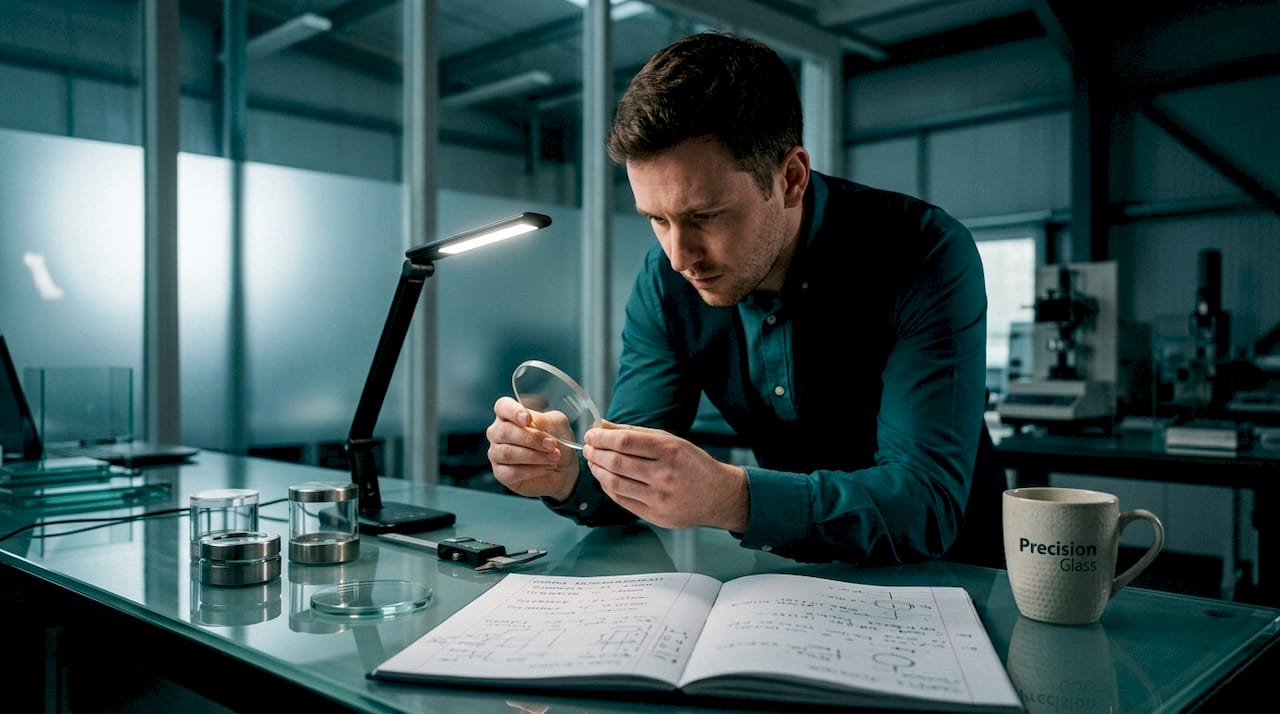 Engineer inspects technical glass sample in laboratory