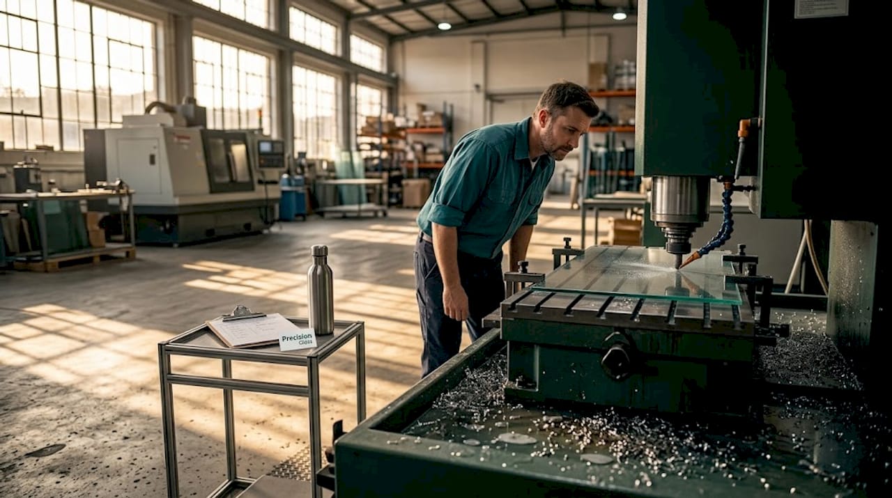 Technician overseeing CNC glass grinding process