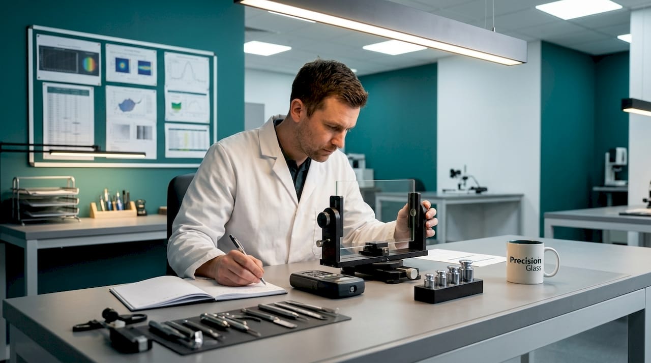 Engineer testing glass transmission in laboratory