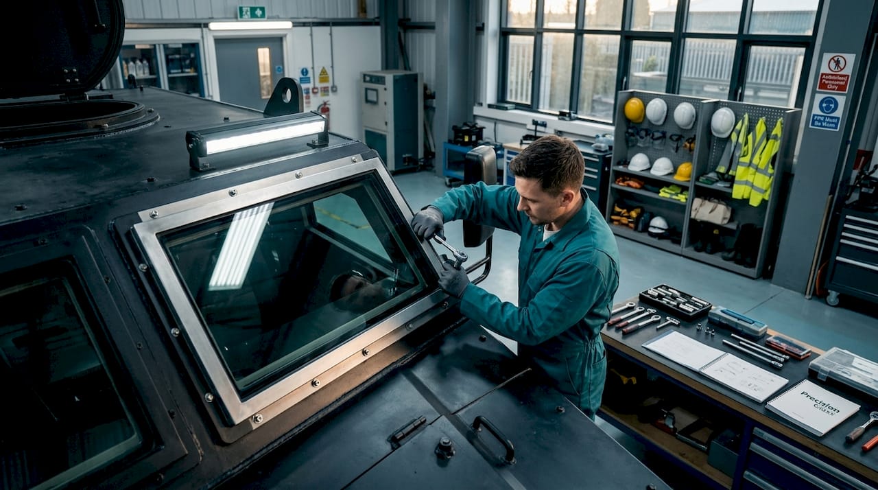 Technician installing ballistic glass in armored vehicle