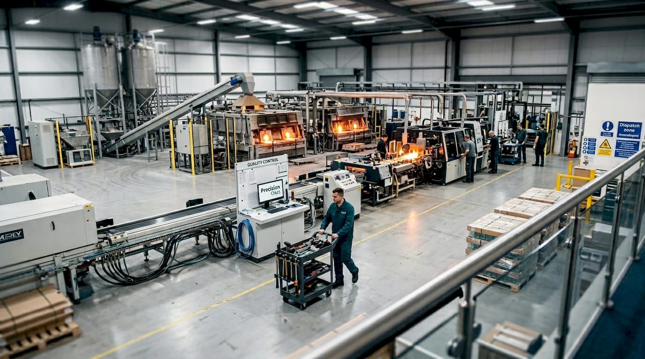 Glass production plant overview with material flow