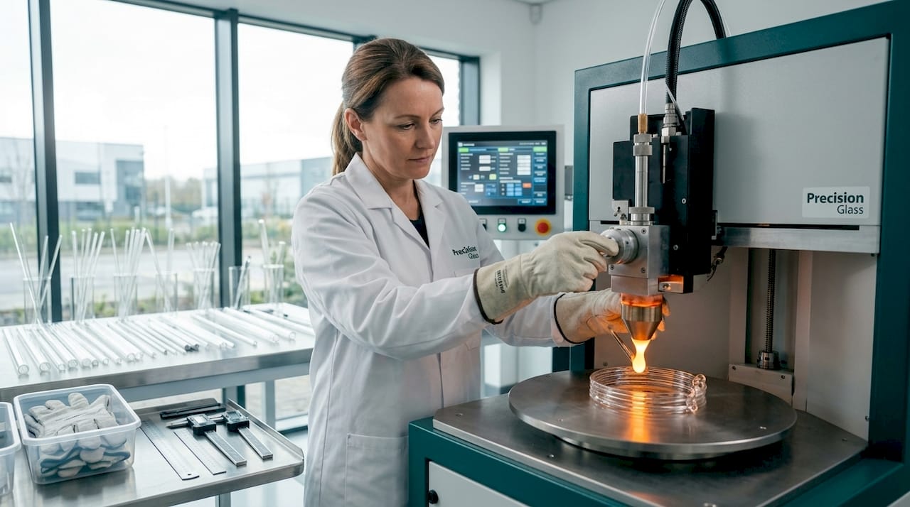 Engineer adjusting glass extrusion 3D printer in laboratory