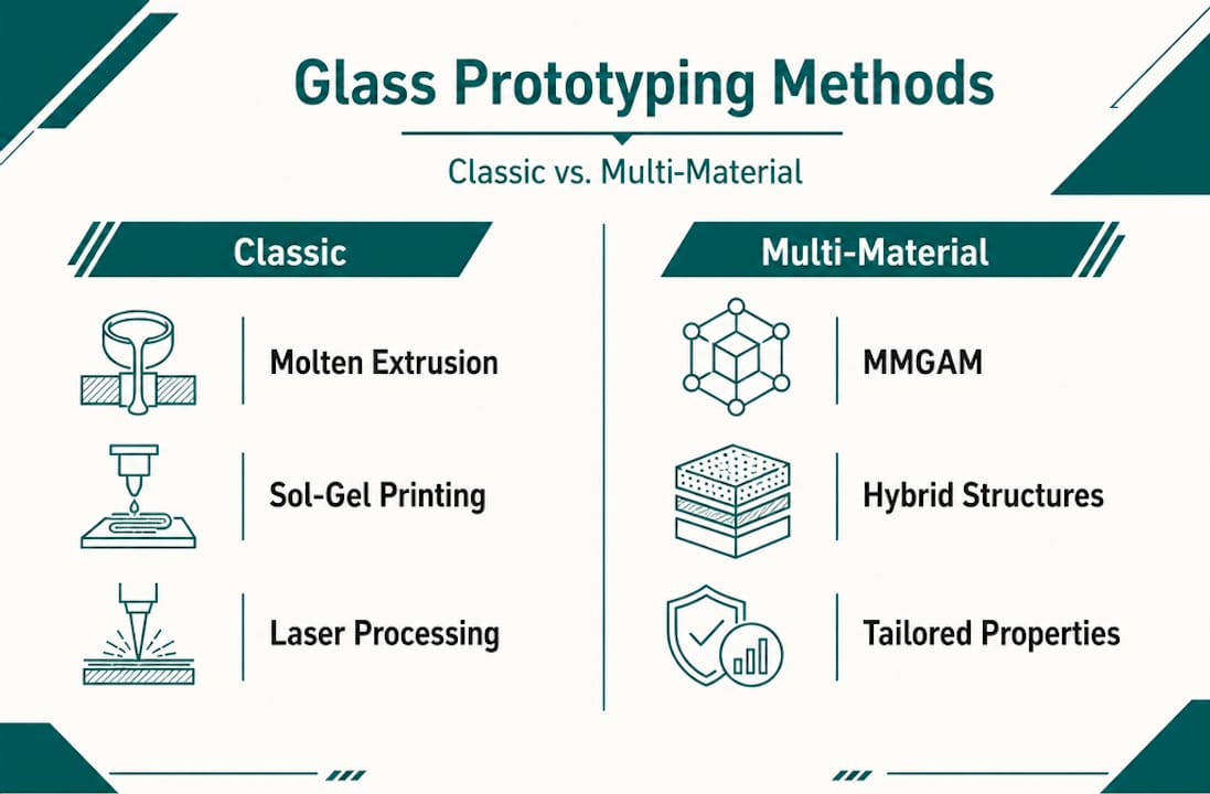 Infographic comparing classic and multi-material glass prototyping methods