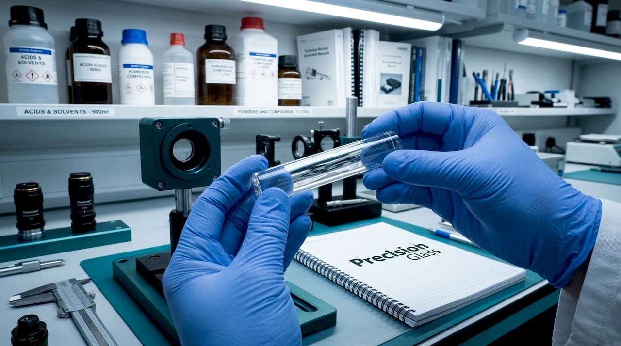 Technician handling phosphate laser glass rod in lab