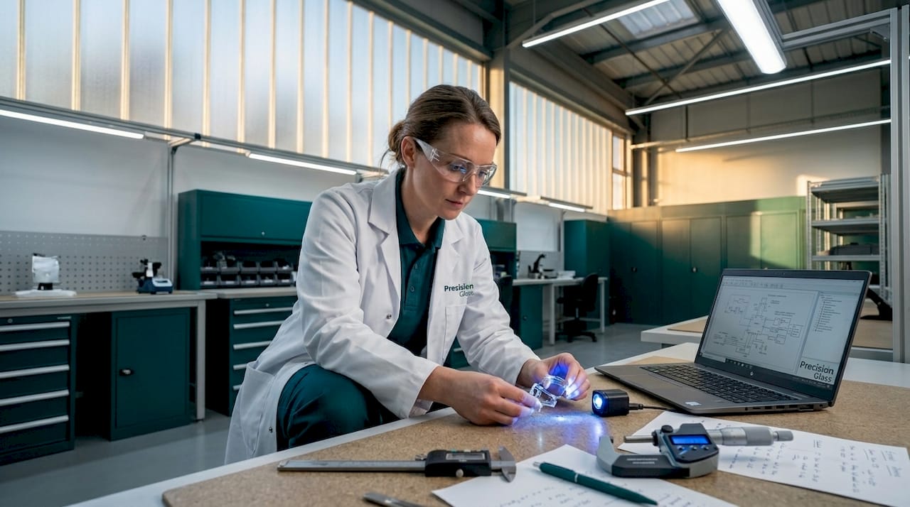 Engineer inspecting glass bonding in lab