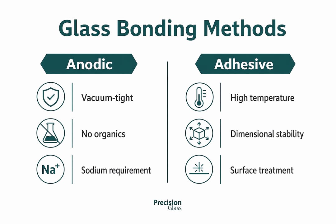 Infographic showing comparison of glass bonding methods with key advantages and constraints
