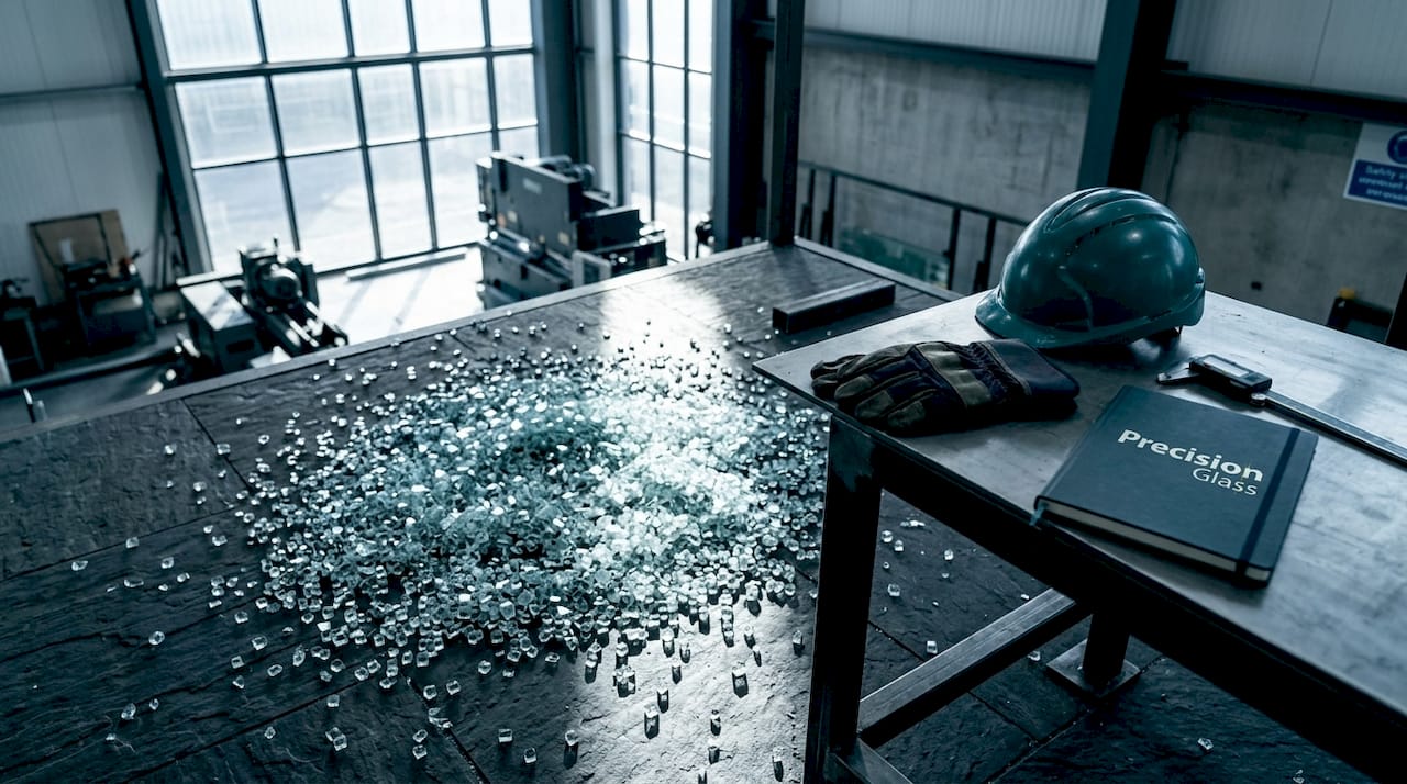 Shattered toughened glass granules on workshop floor