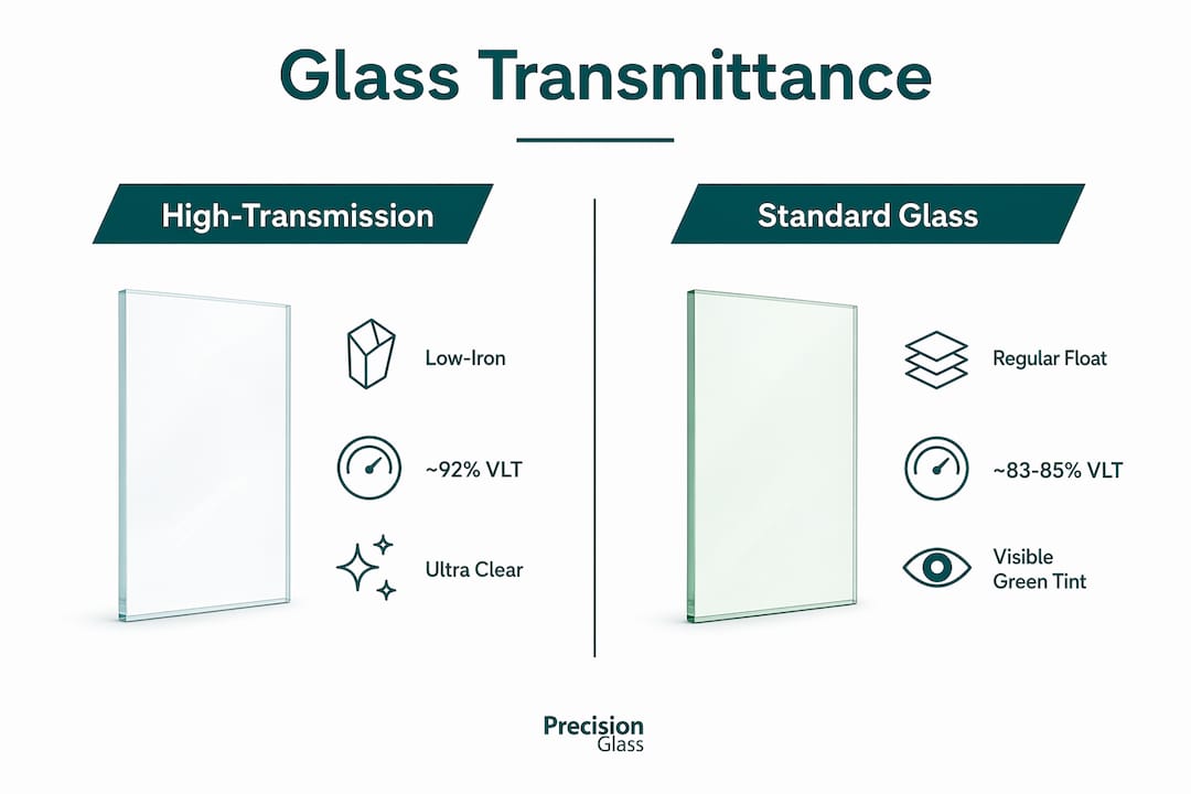Infographic comparing high-transmission and standard glass transmittance