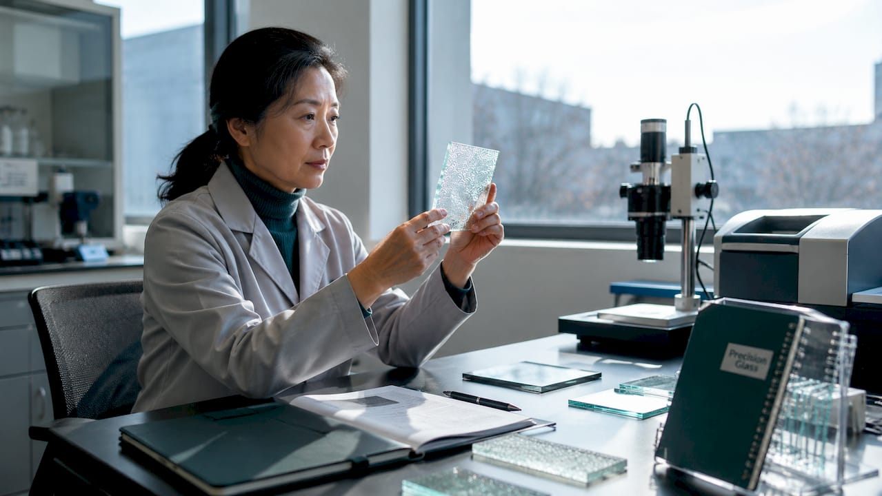 Engineer examining glass samples in lab