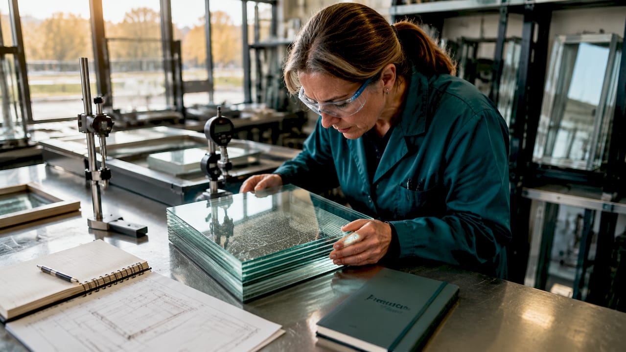 Engineer examining ballistic glass sample
