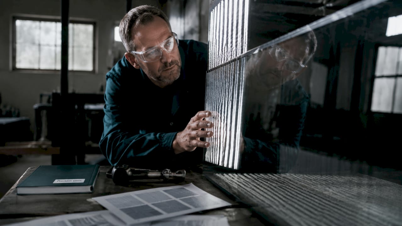 Engineer inspecting glass panel using zebra board