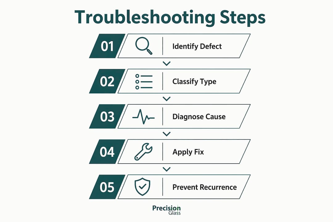 Infographic illustrating glass defect troubleshooting steps
