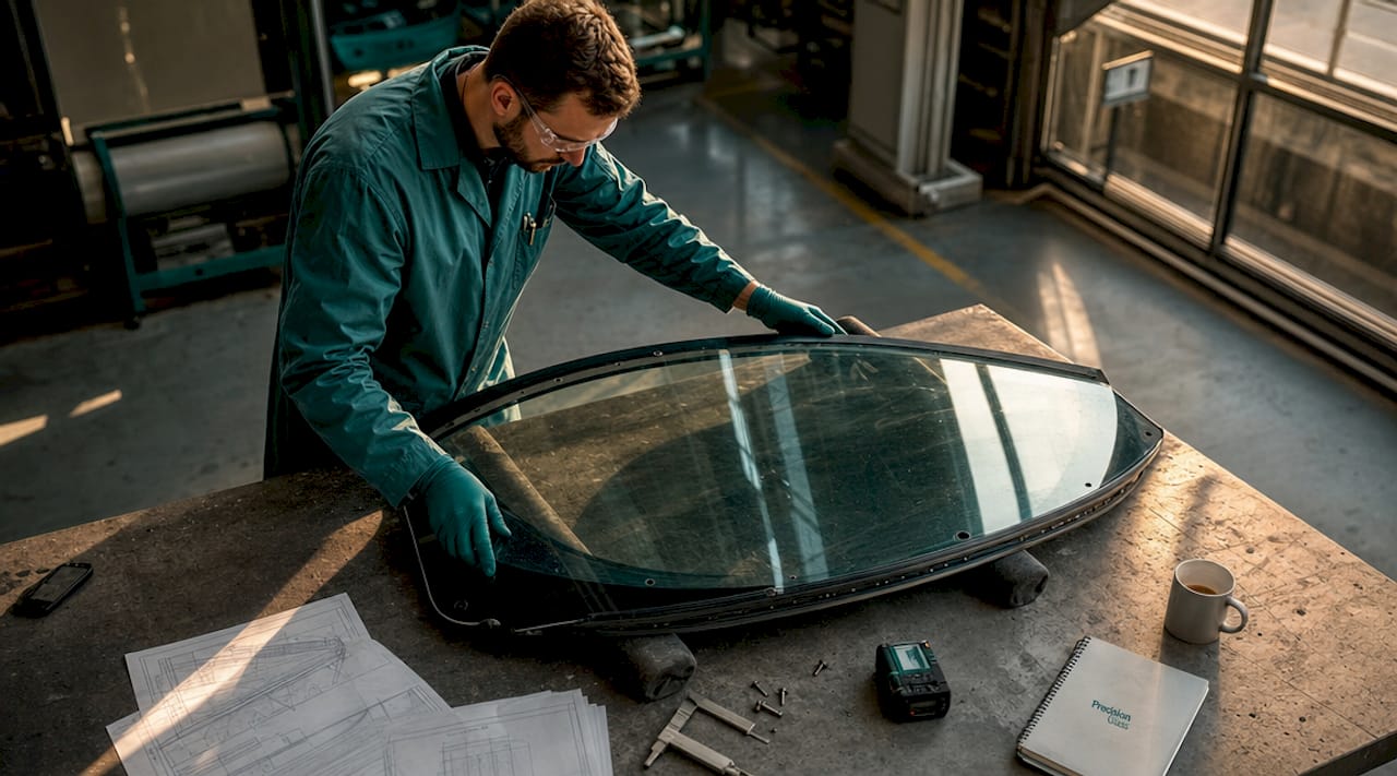 Technician inspecting aircraft glass windscreen in workshop
