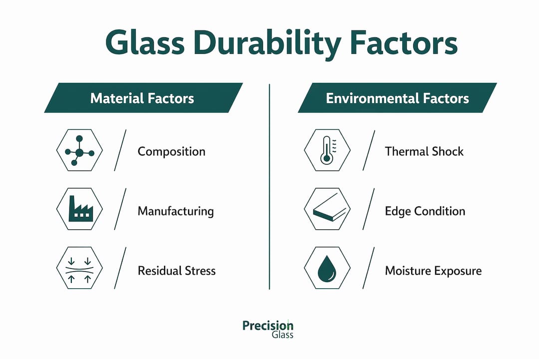 Infographic showing material and environmental factors that affect glass durability