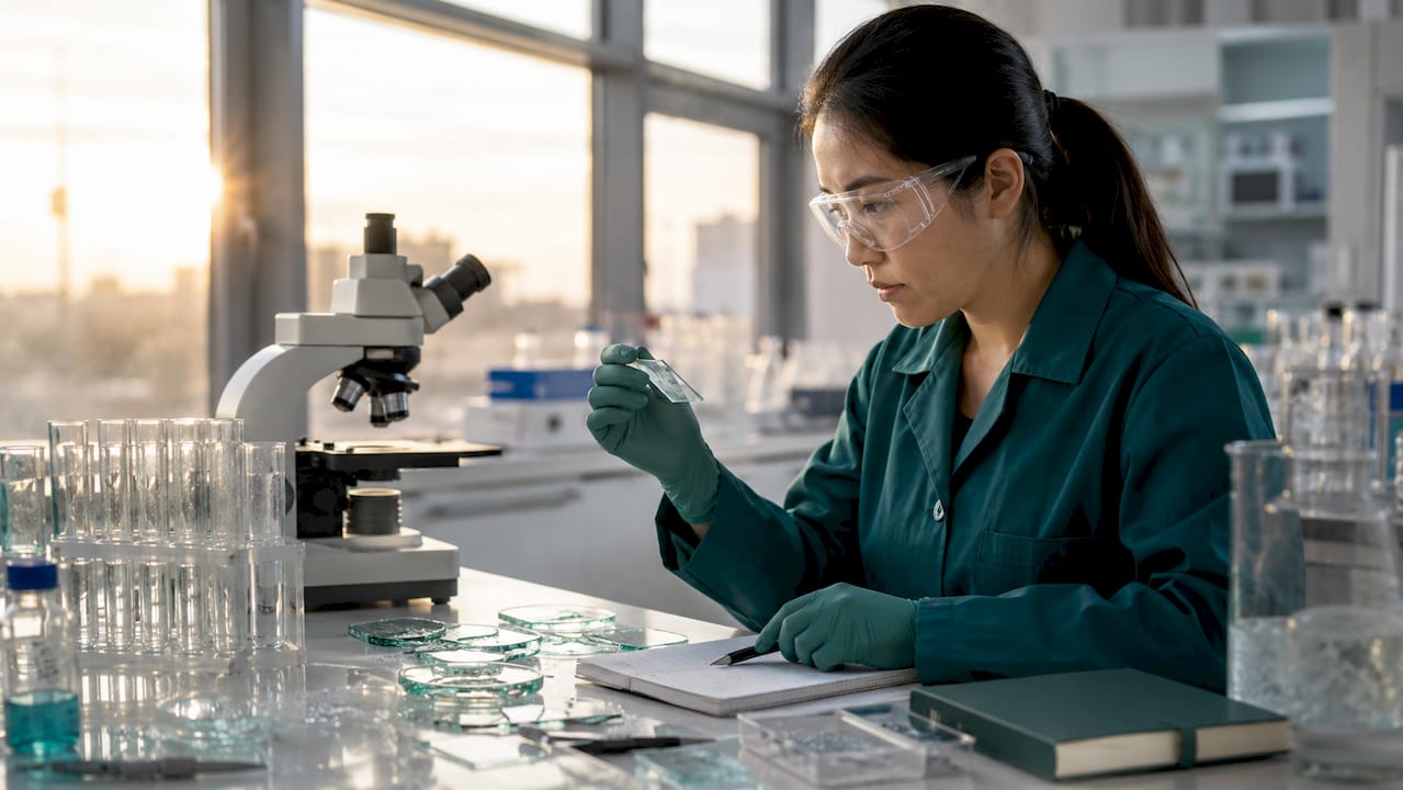Scientist examining borate glass sample in lab