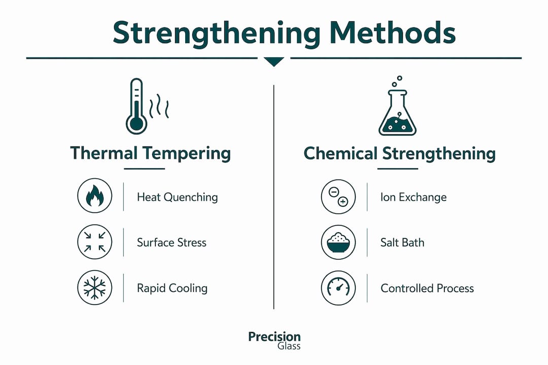 Infographic comparing thermal and chemical strengthening methods