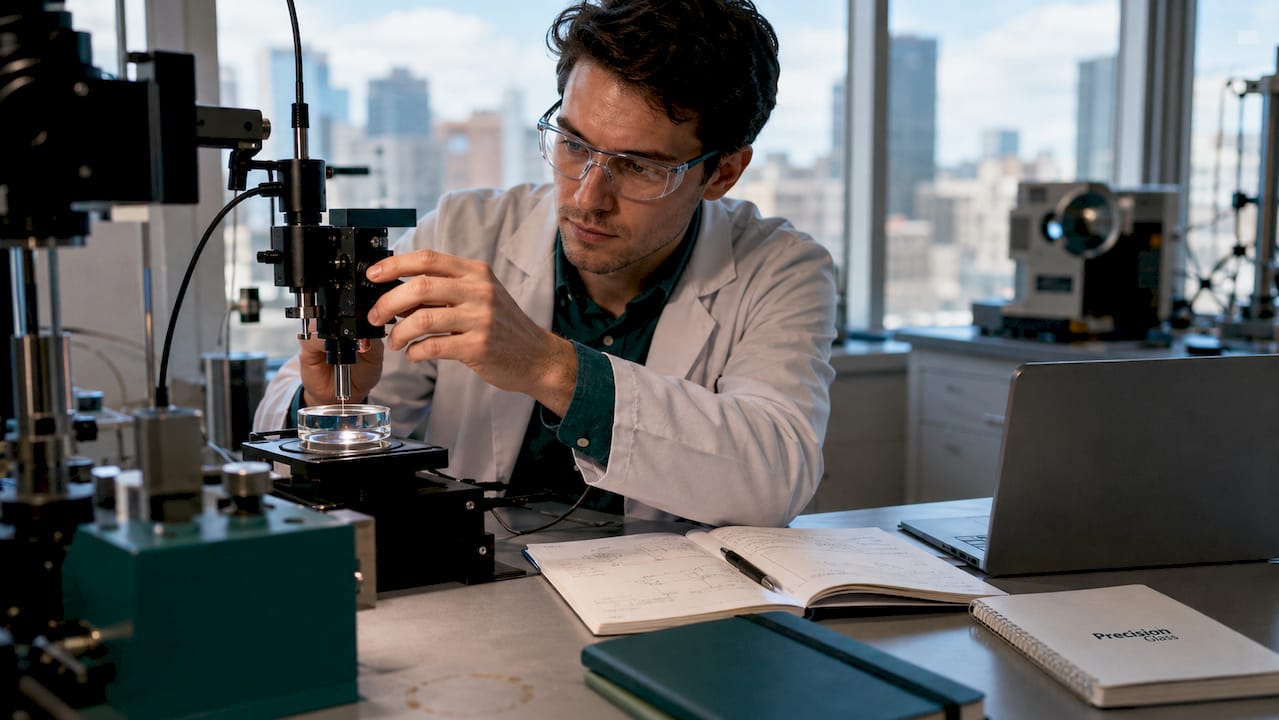 Scientist testing advanced glass material in lab