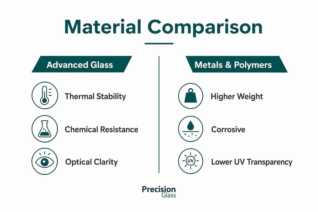 Infographic comparing advanced glass with metals and polymers