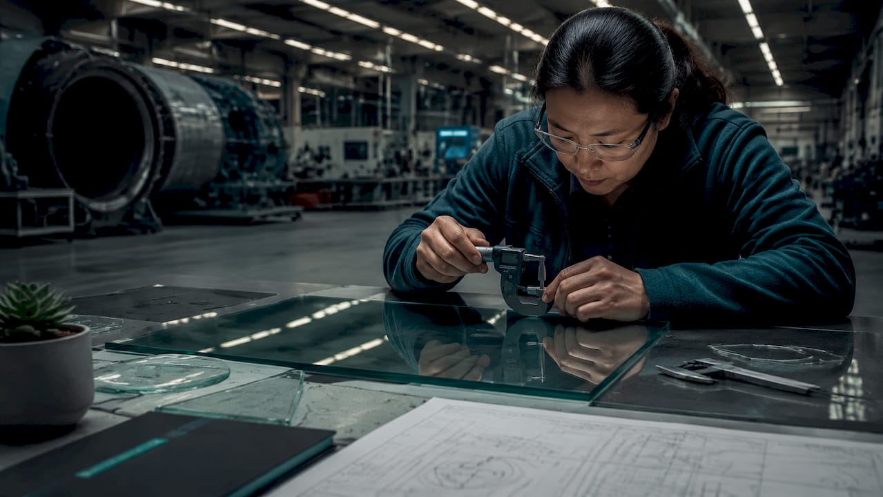 Engineer measuring glass thickness in aerospace lab