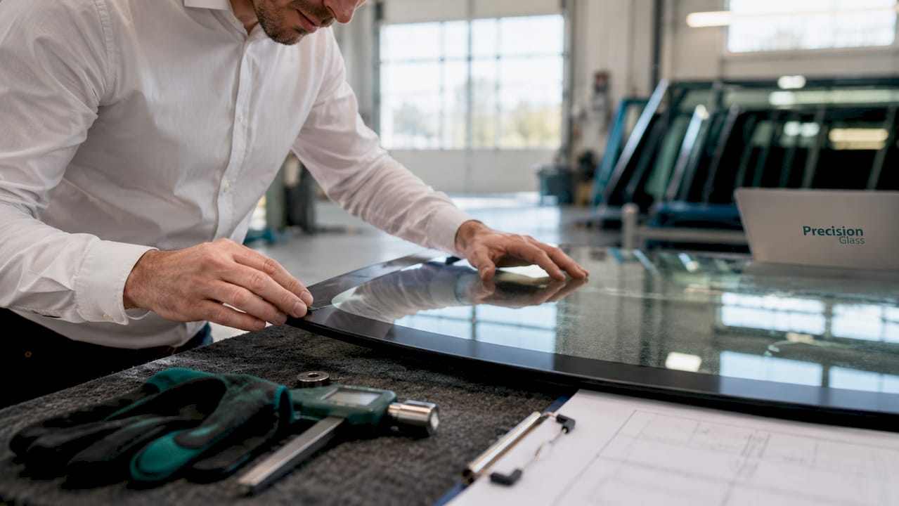 Technician inspecting laminated automotive windshield
