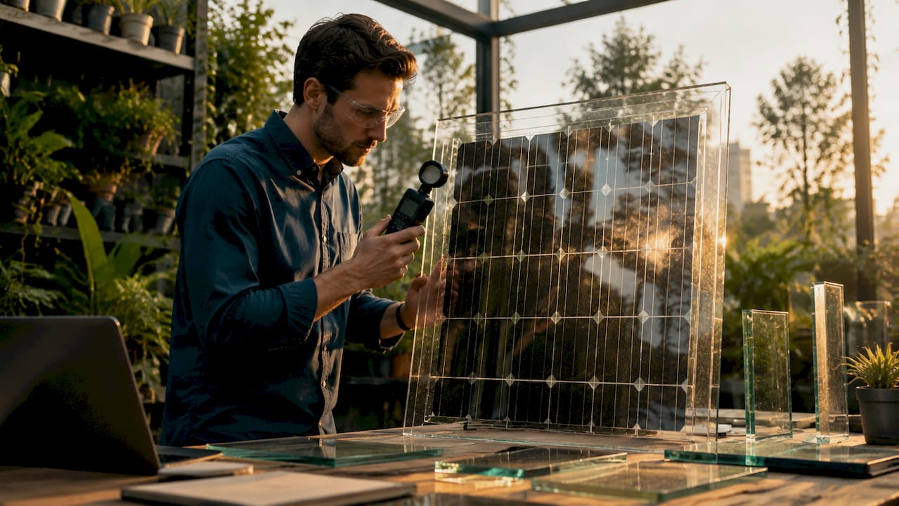 Engineer inspecting energy-efficient glass panel