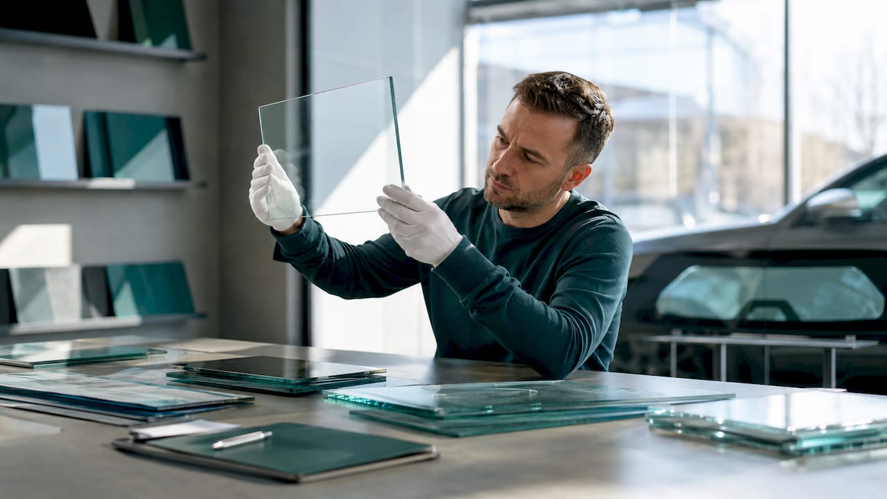 Engineer examining ultra-thin laminated glass sample