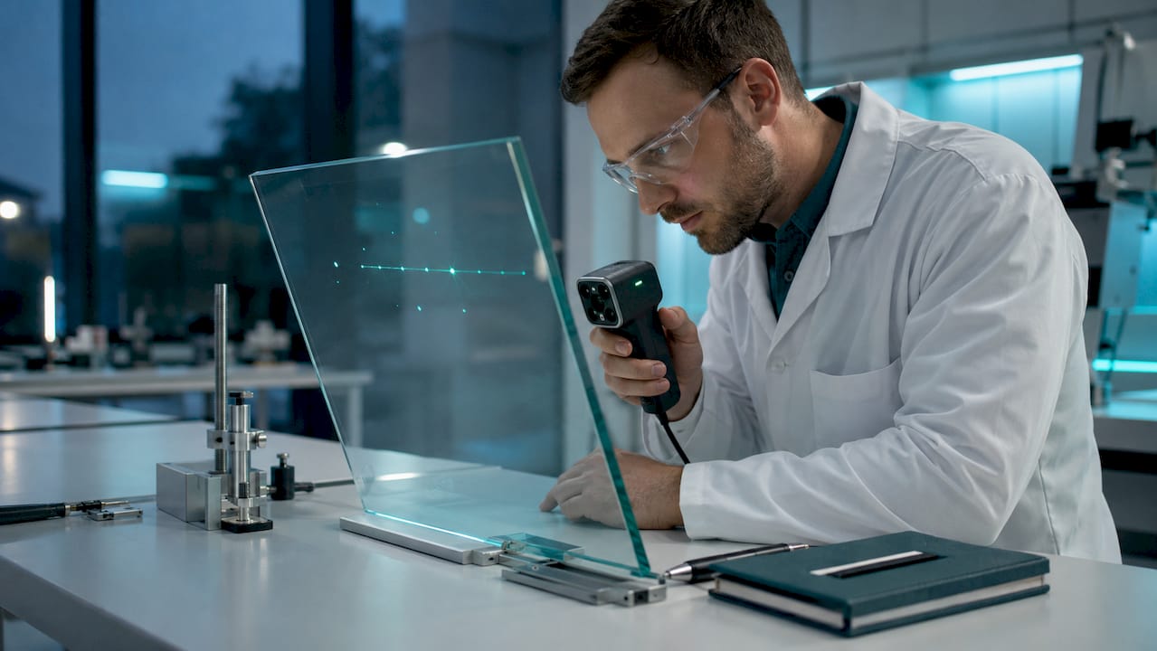 Technician inspecting glass with 3D laser scanner