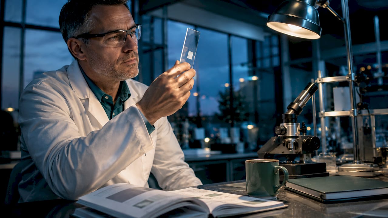 Engineer examining UV-blocking glass sample in lab