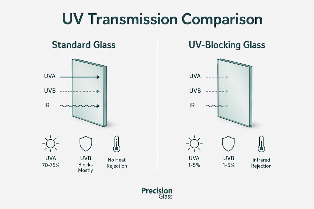 Infographic comparing UV transmission of standard and UV-blocking glass