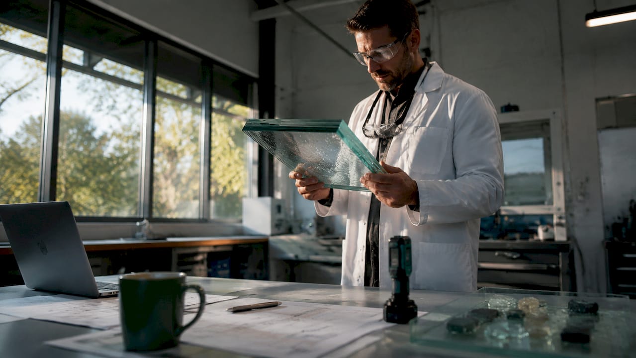 Engineer inspecting ballistic glass panel in lab