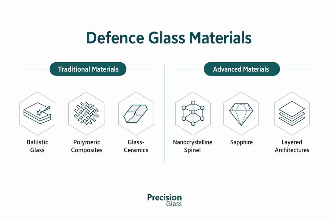 Infographic comparing traditional and advanced defence glass materials
