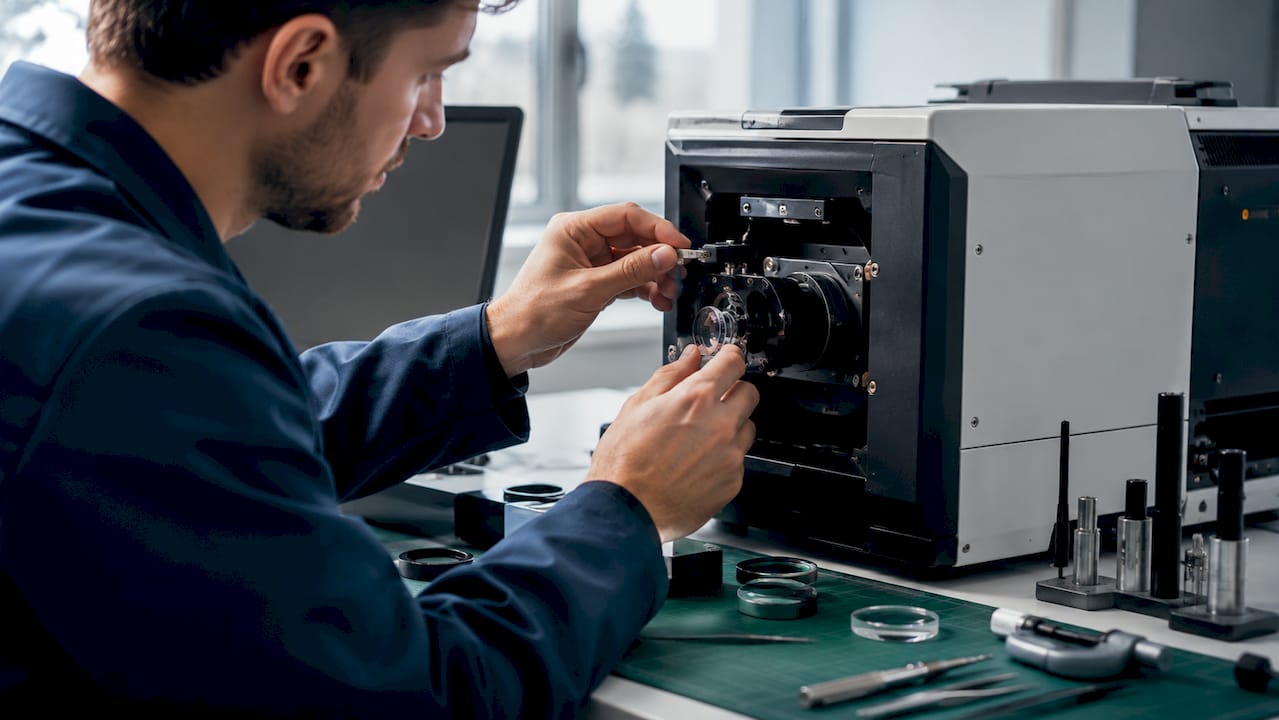Technician adjusting optical glass in lab device