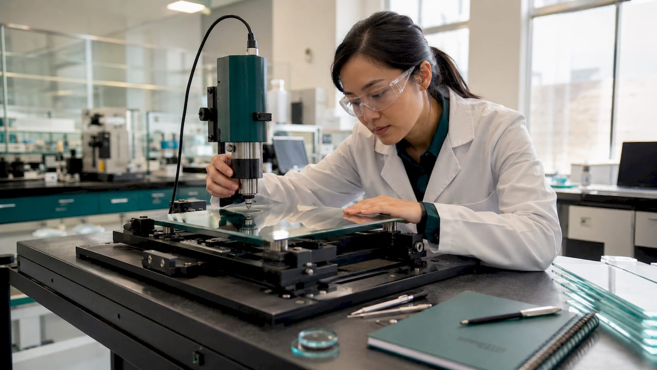 Engineer measuring thickness of glass pane
