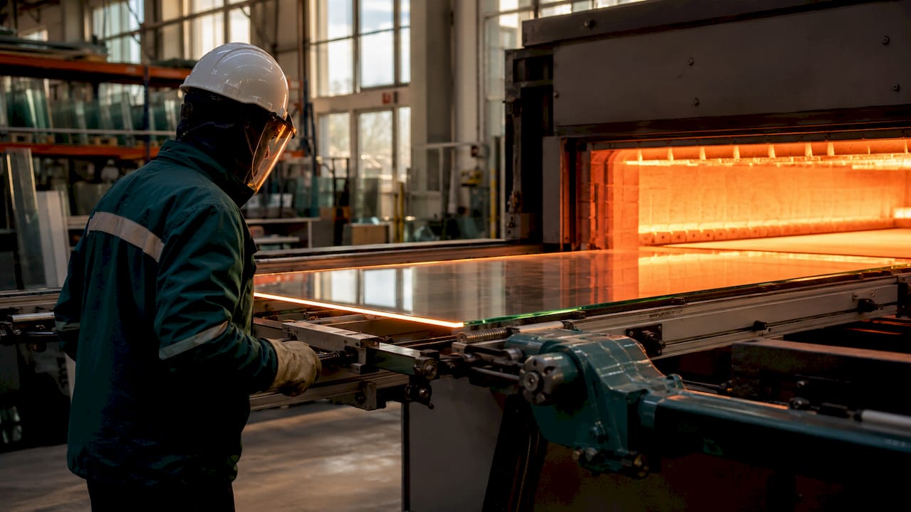 Technician inspects glass entering tempering furnace