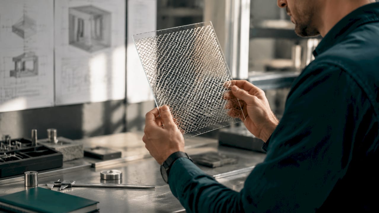 Hands holding micro-mesh EMI shielding glass