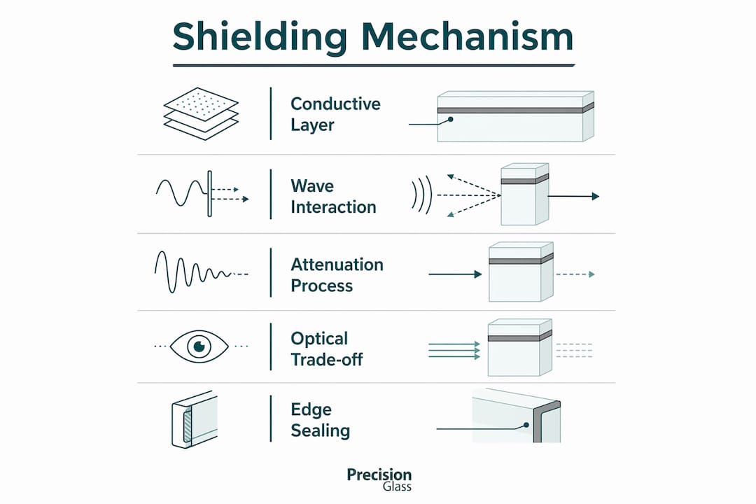 Infographic showing EMI shielding glass working steps
