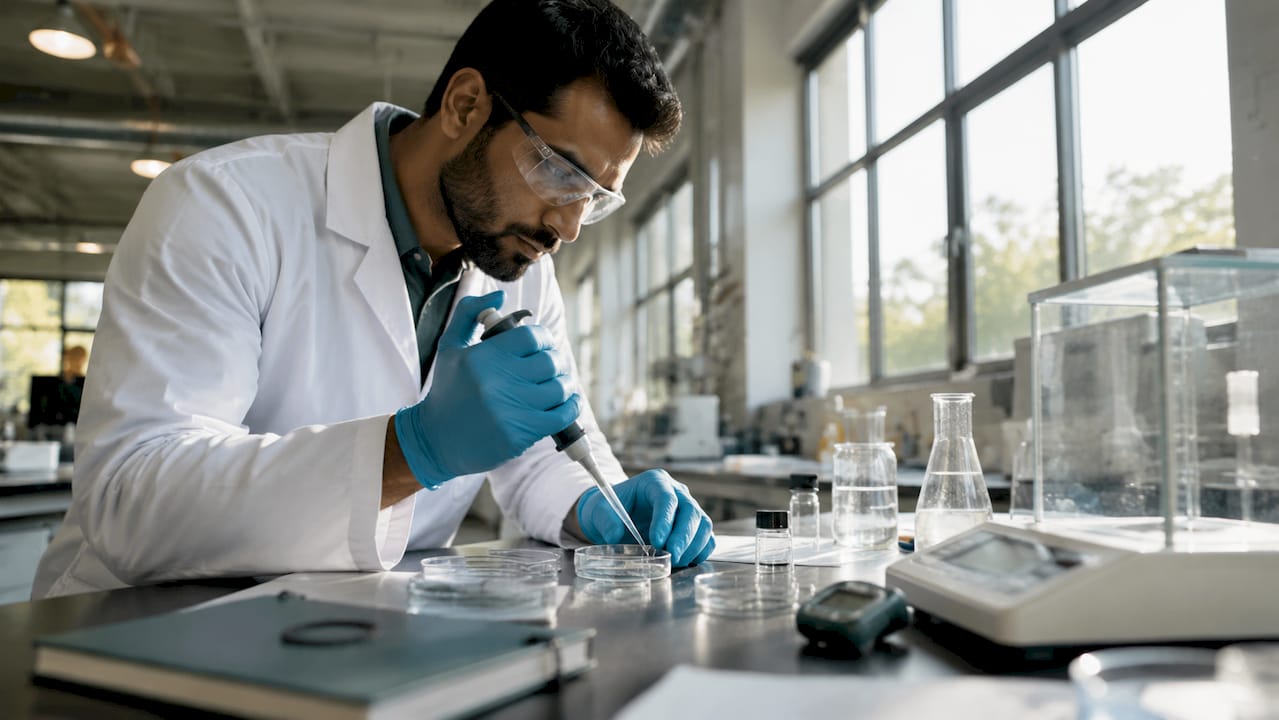 Scientist performing glass biocompatibility test in lab