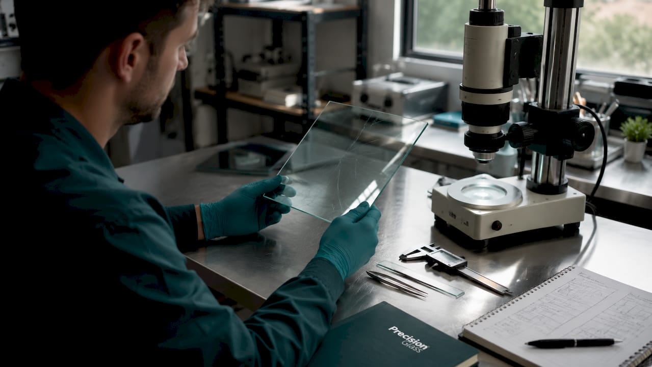 Technician inspecting glass defect close-up