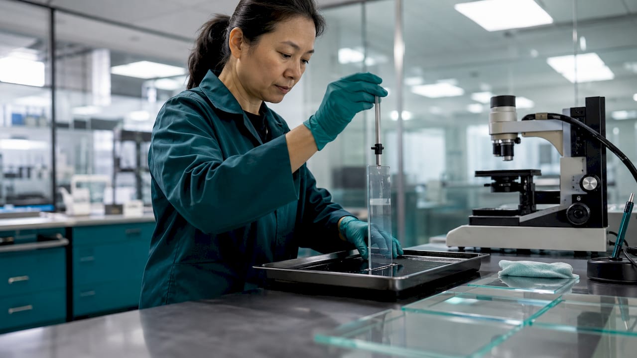 Technician applying antimicrobial coating to glass
