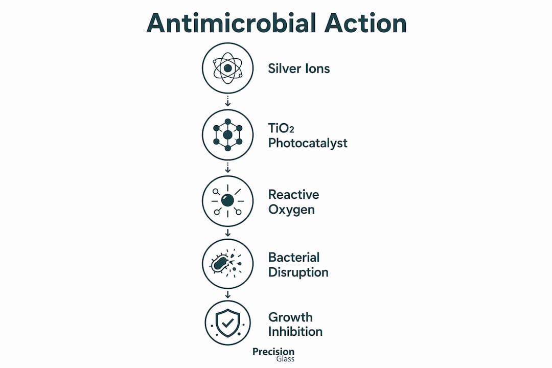 Infographic illustrating antimicrobial glass mechanisms
