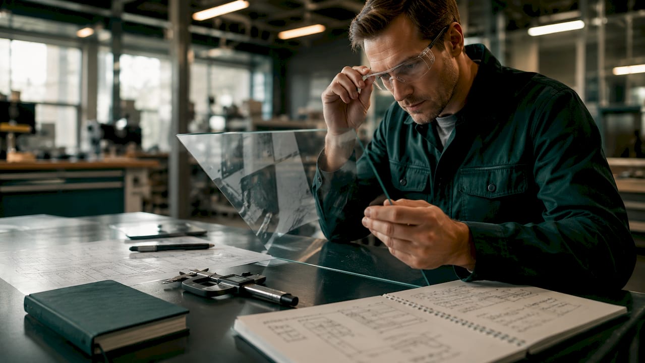 Engineer inspecting touchscreen glass panel at workstation
