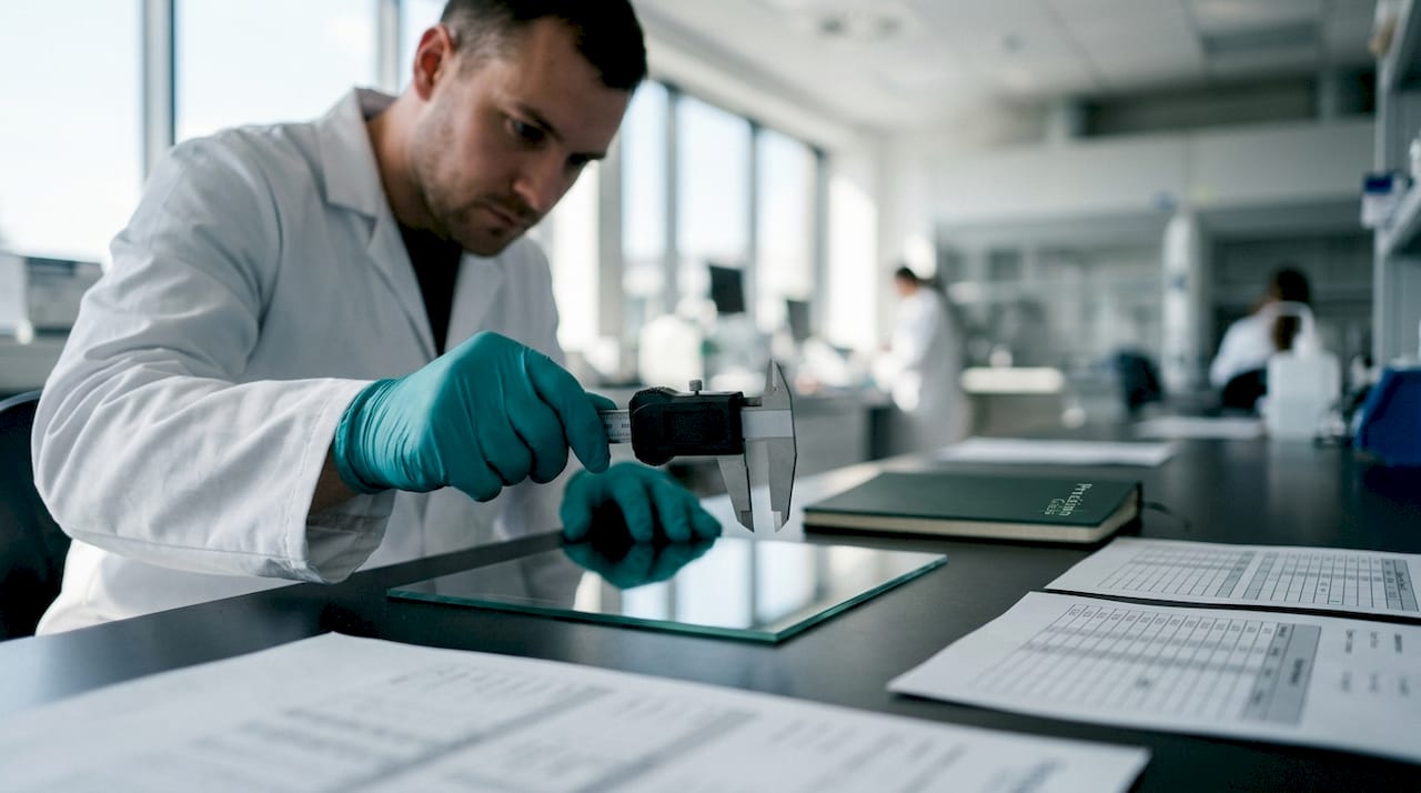 Technician measuring custom glass thickness