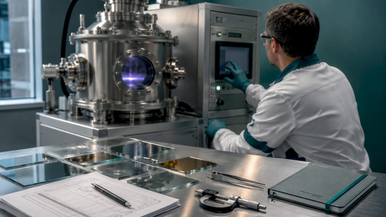 Technician operating sputter coating machine in lab